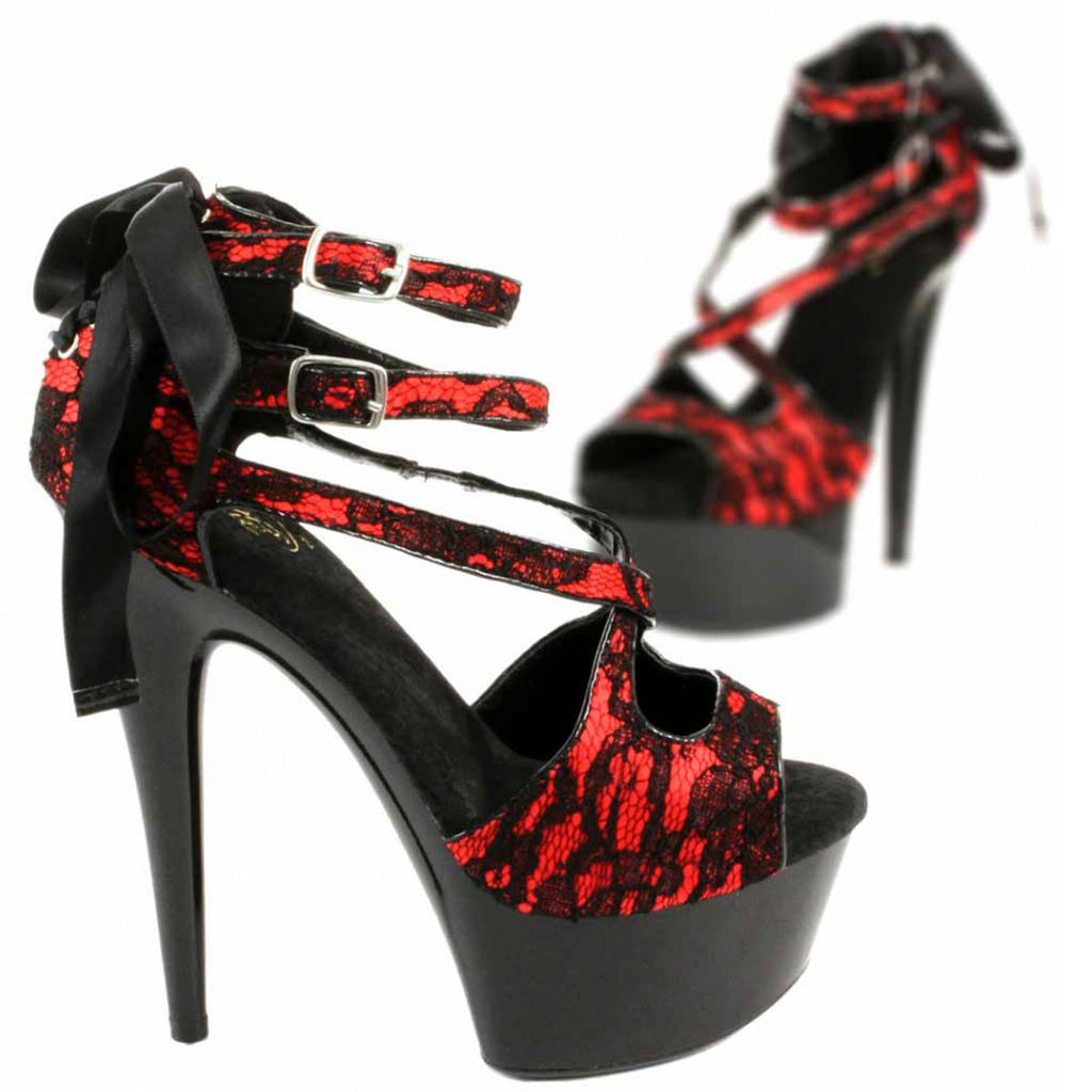 Escarpins plateforme 3 brides dentelle noir rouge modafab