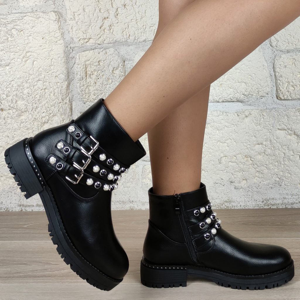 Bottines plates brides perles : noir