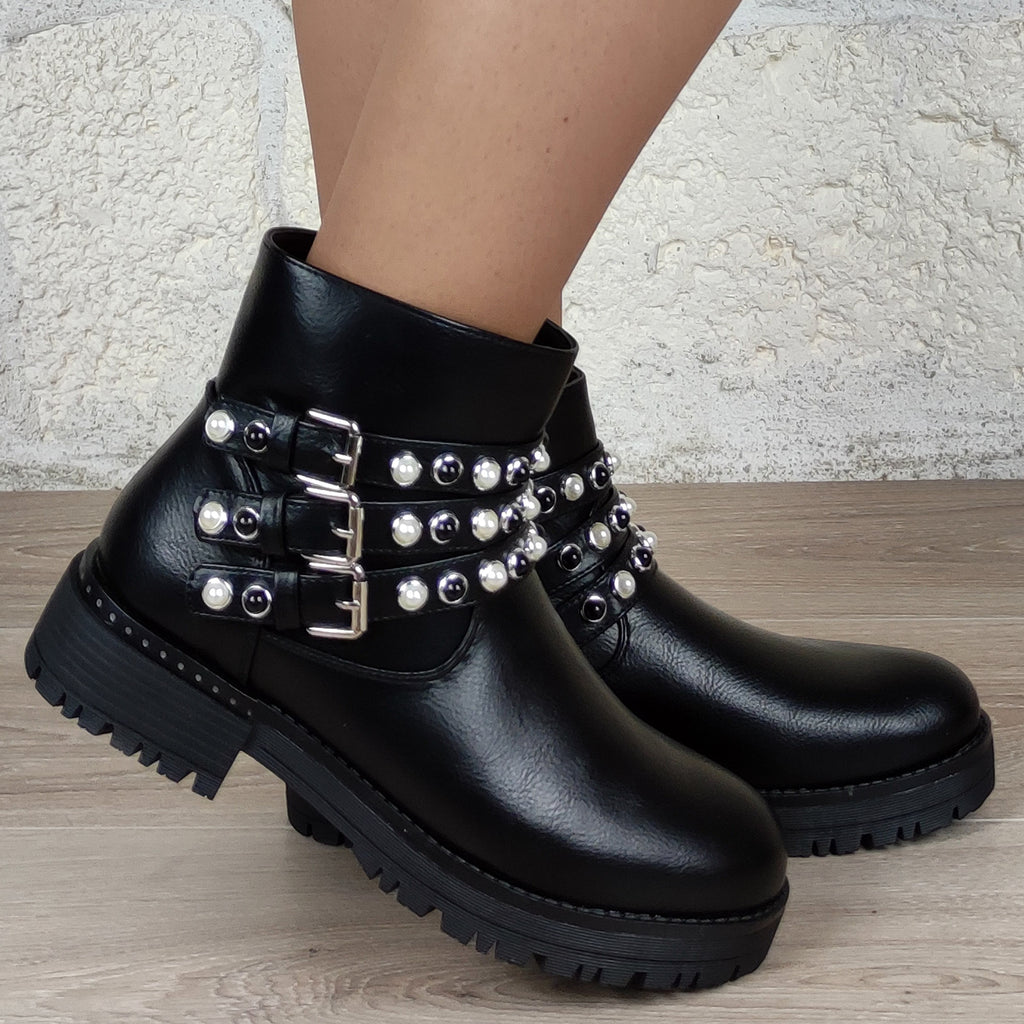 Bottines plates brides perles : noir