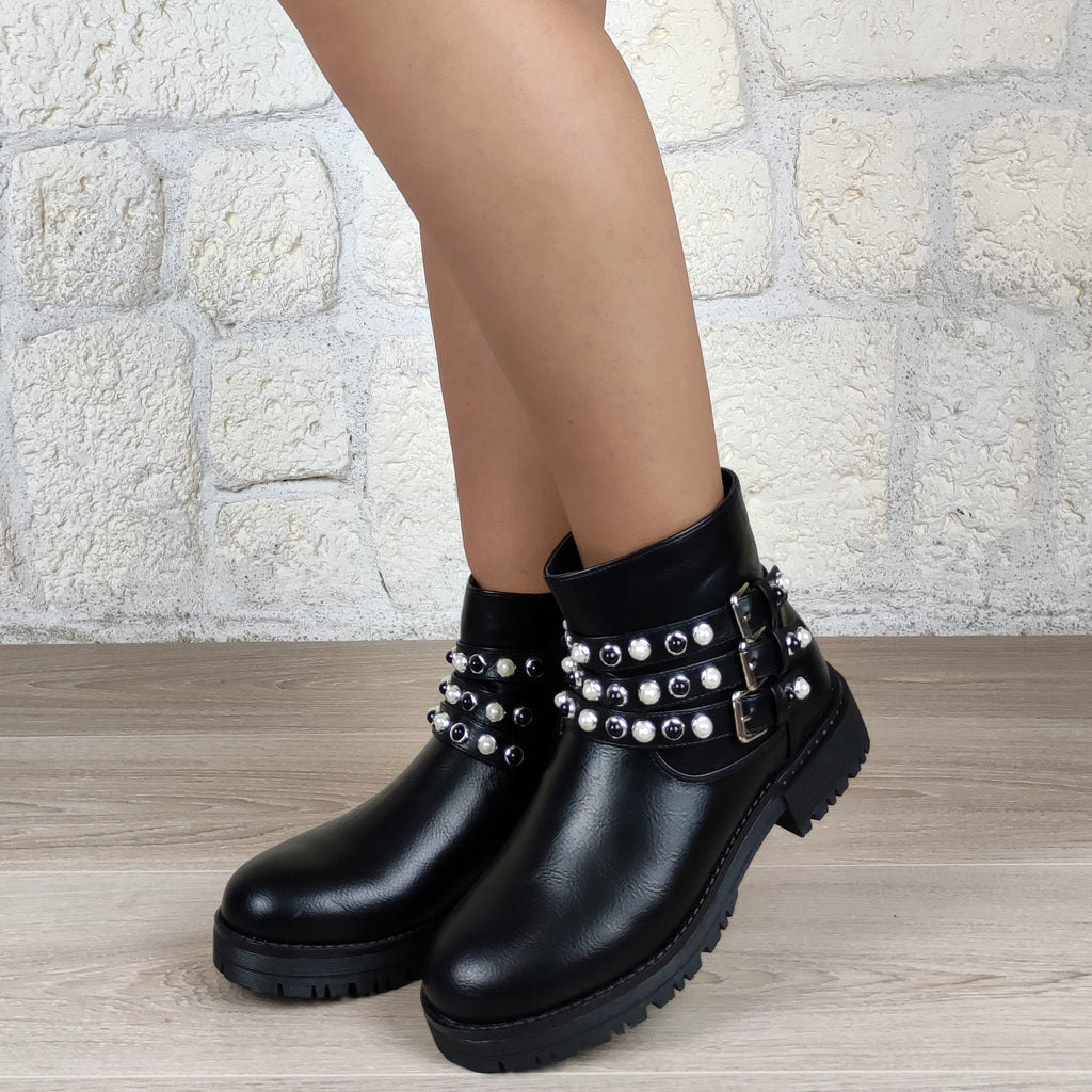 Bottines plates brides perles : noir