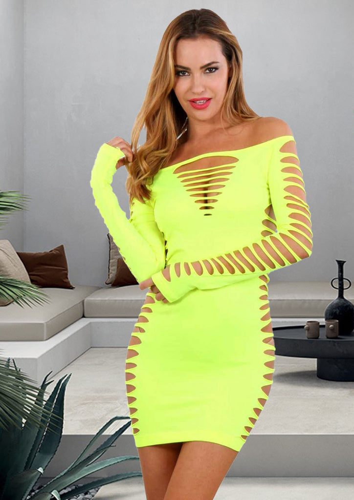 Robe moulante resille manches longues : jaune