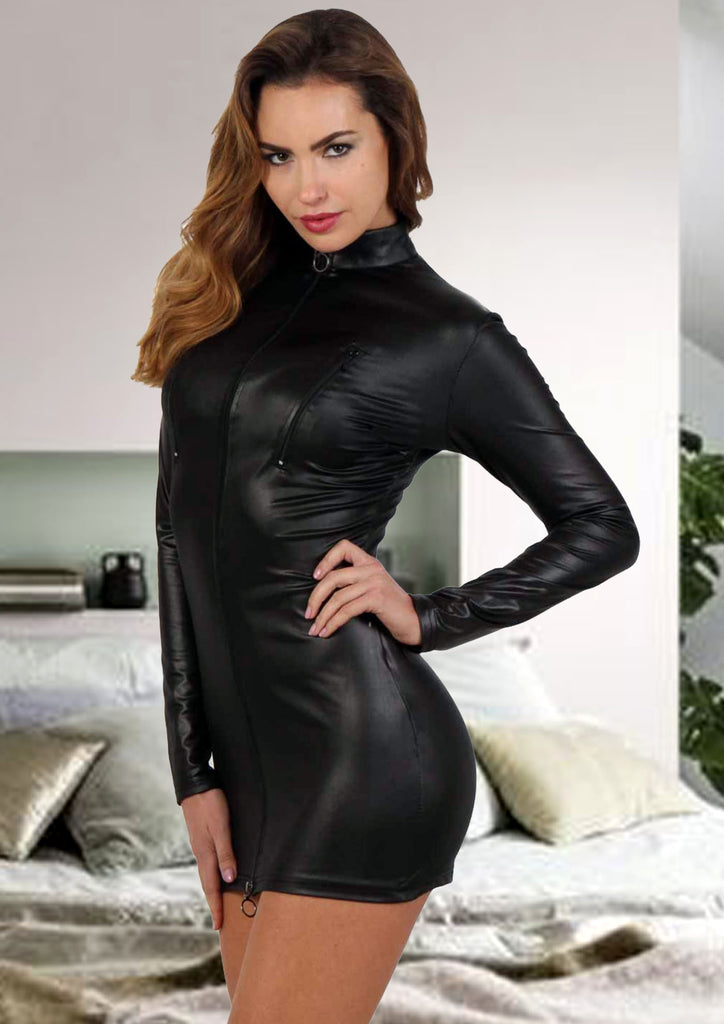 Robe manche longue col officier wetlook : noir