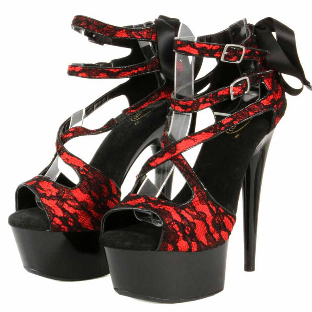 Escarpins plateforme 3 brides dentelle : noir / rouge