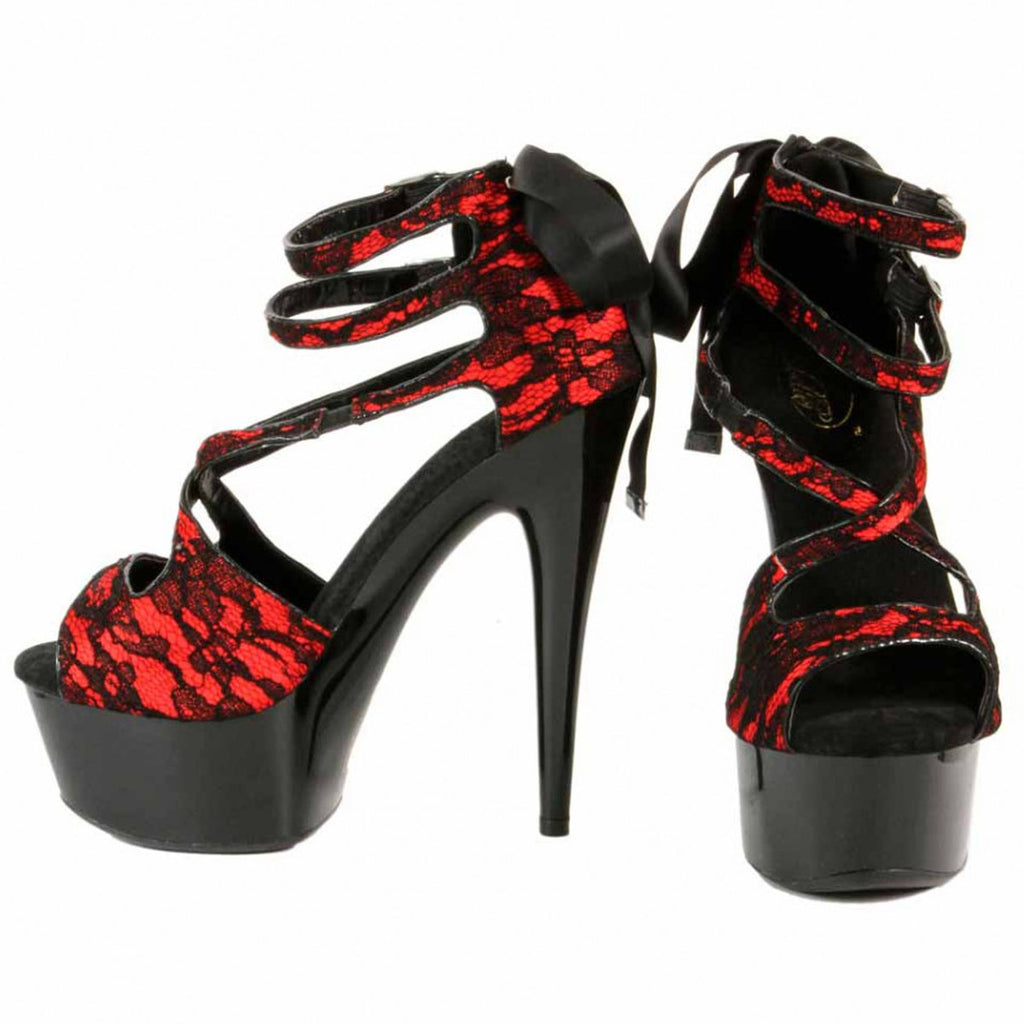 Escarpins plateforme 3 brides dentelle : noir / rouge