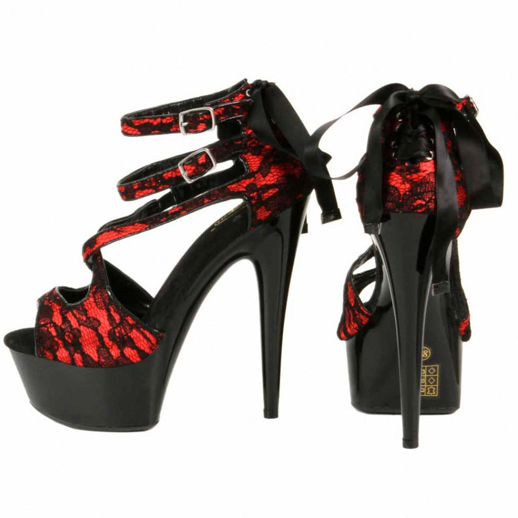 Escarpins plateforme 3 brides dentelle : noir / rouge