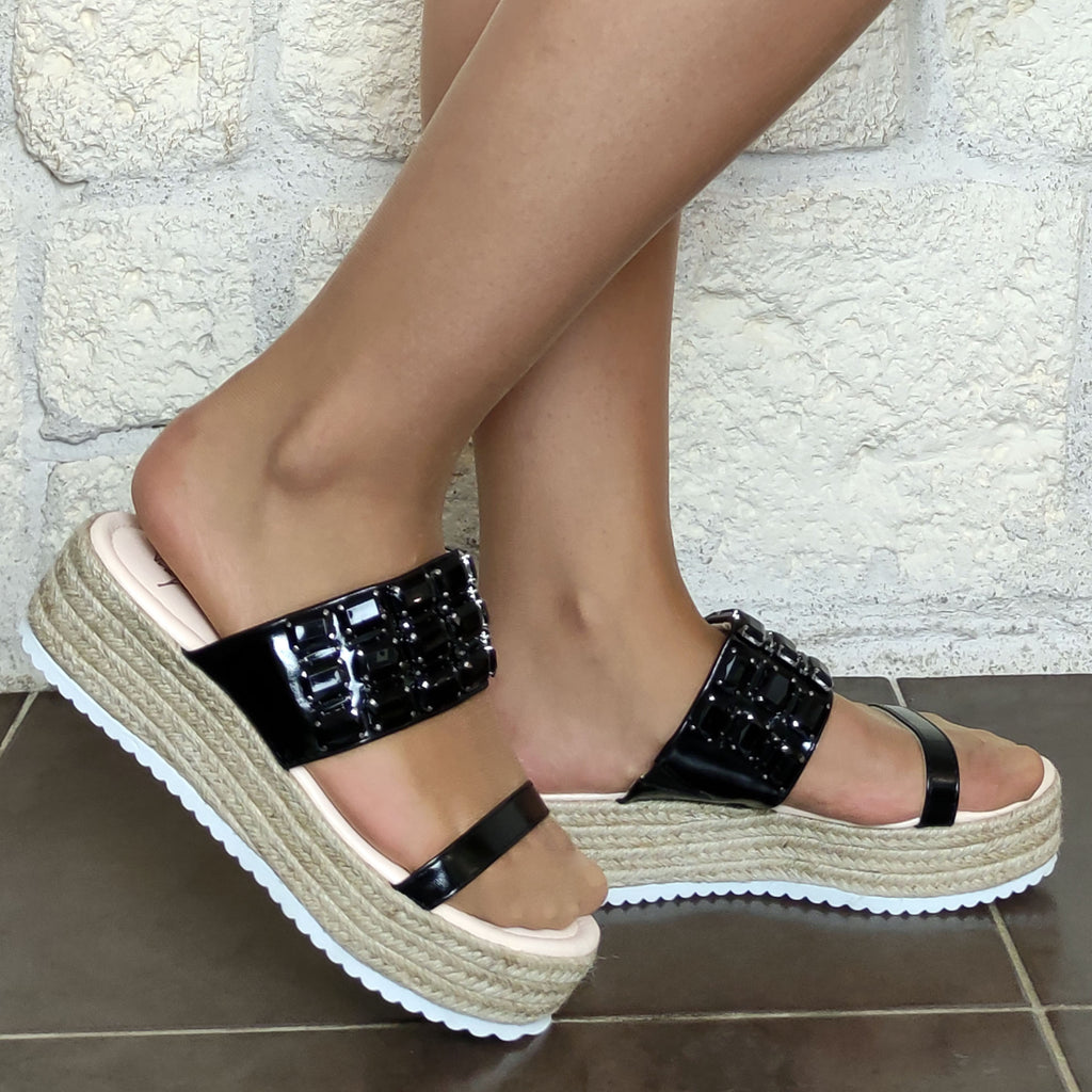 Mules compensé bijoux : noir