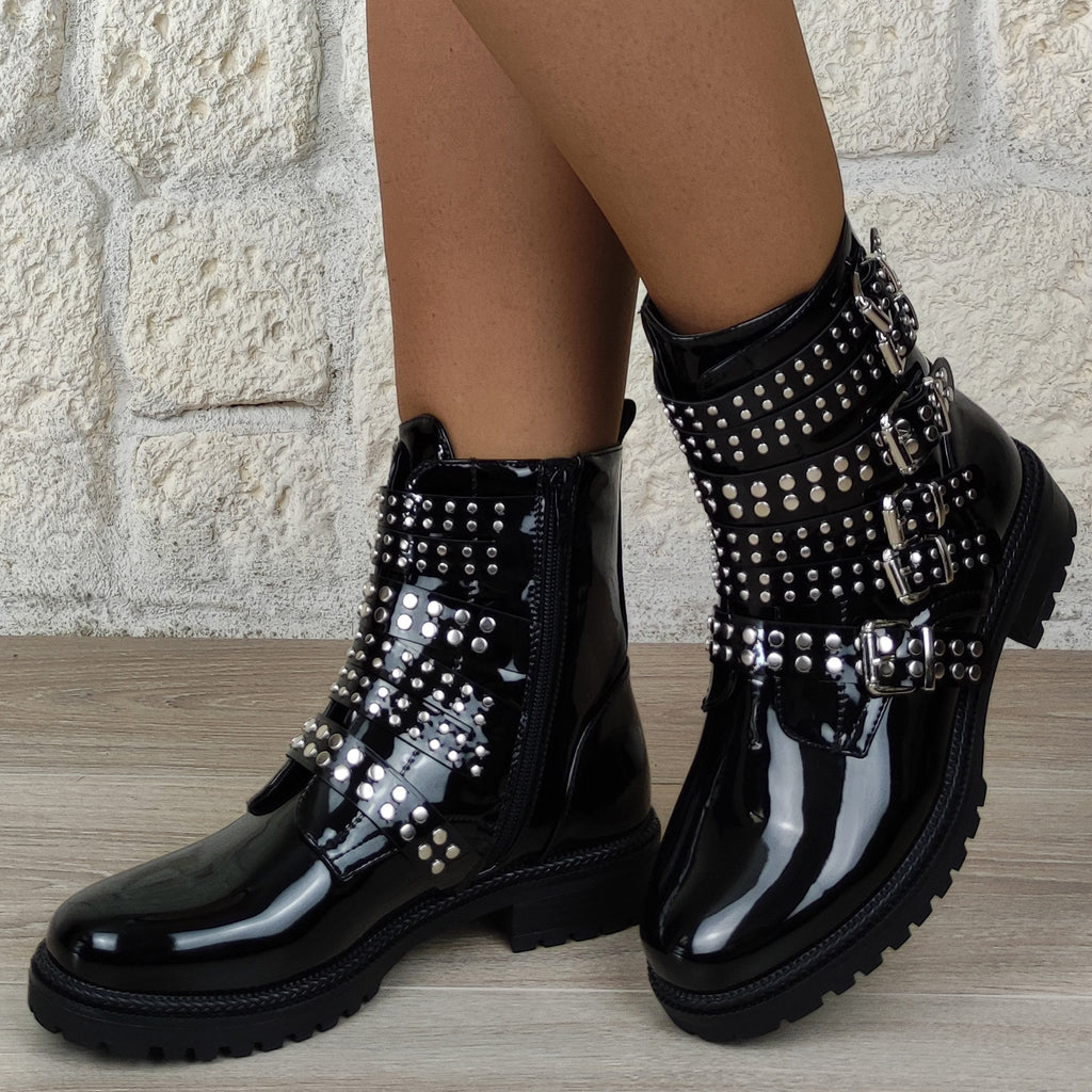 Bottines vinyle vernies boucles  : noir