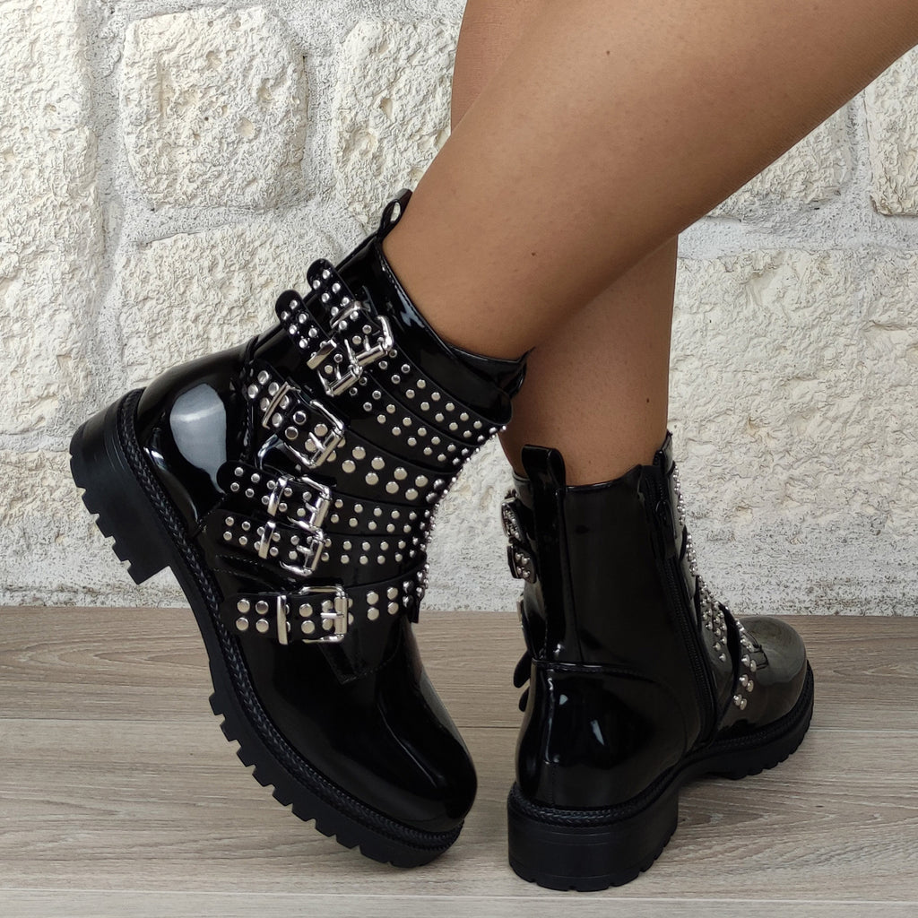 Bottines vinyle vernies boucles  : noir