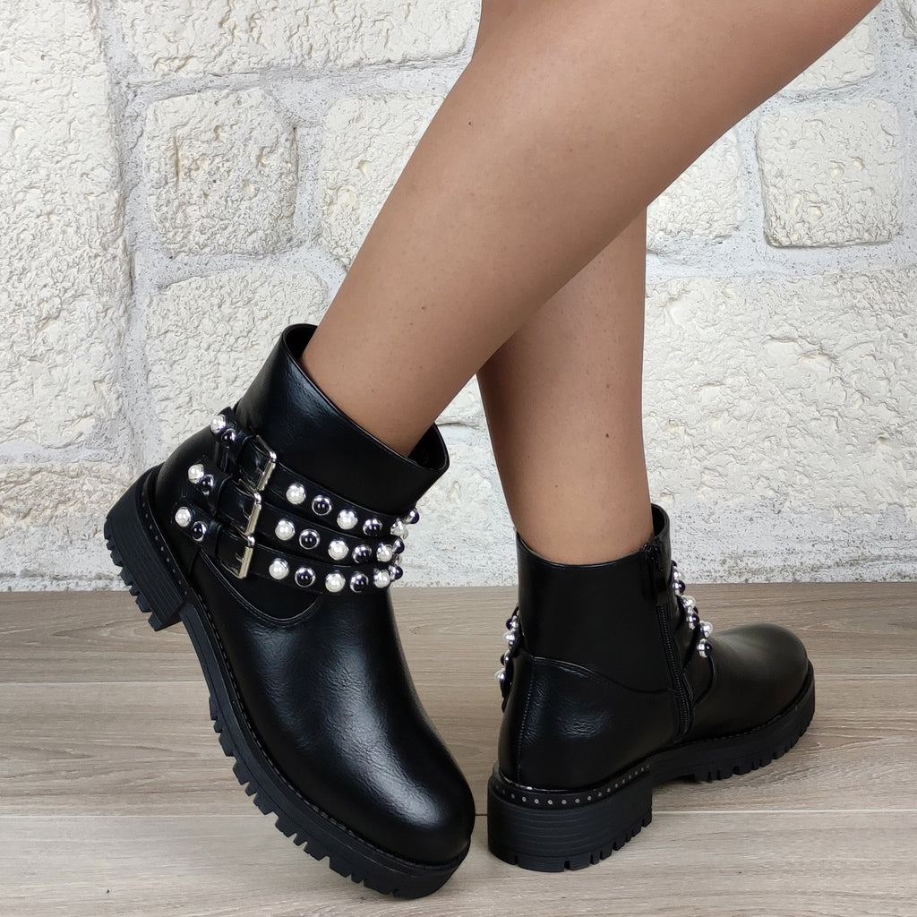 Bottines plates brides perles : noir