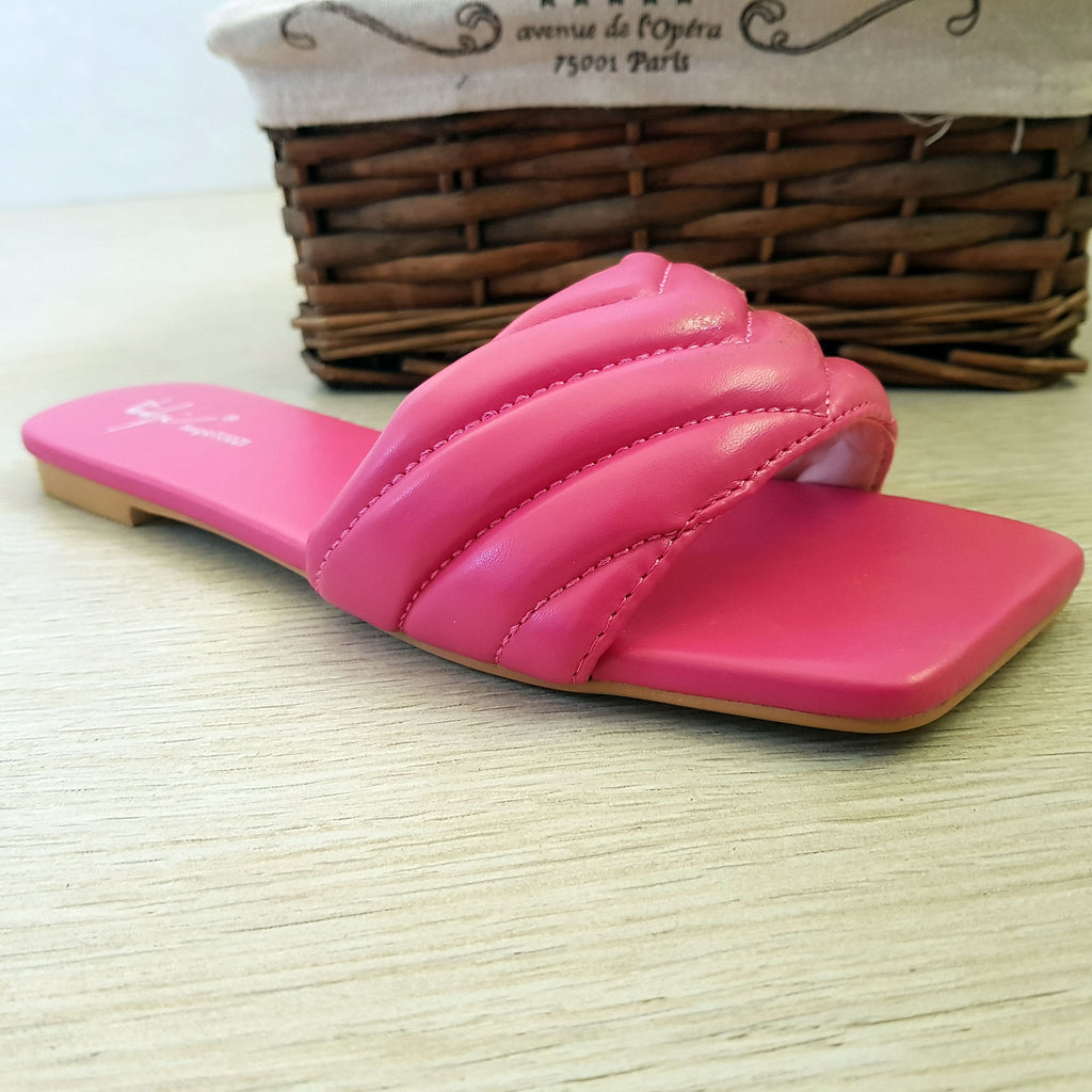 Tongs mules plates matelassé : fuchsia