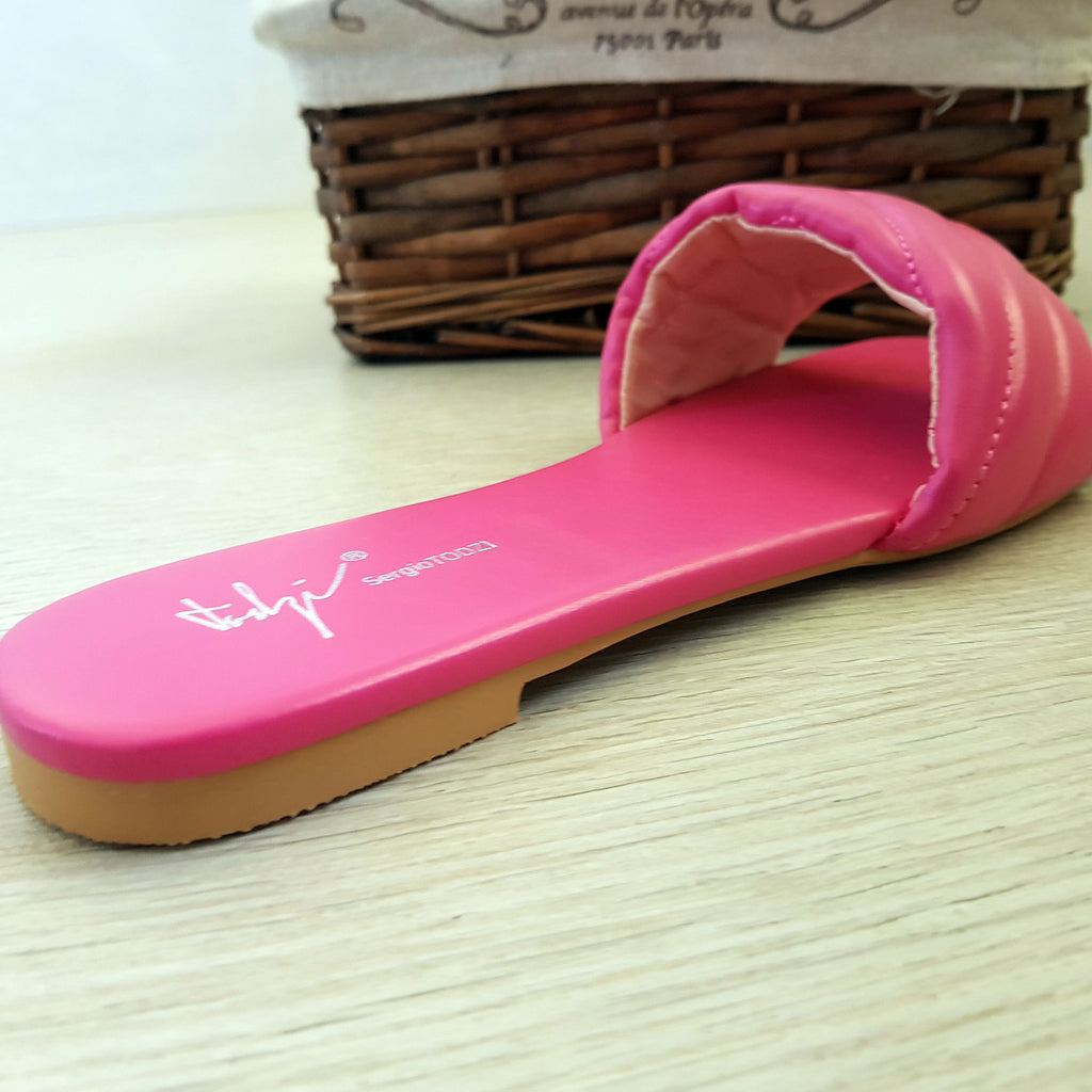 Tongs mules plates matelassé : fuchsia