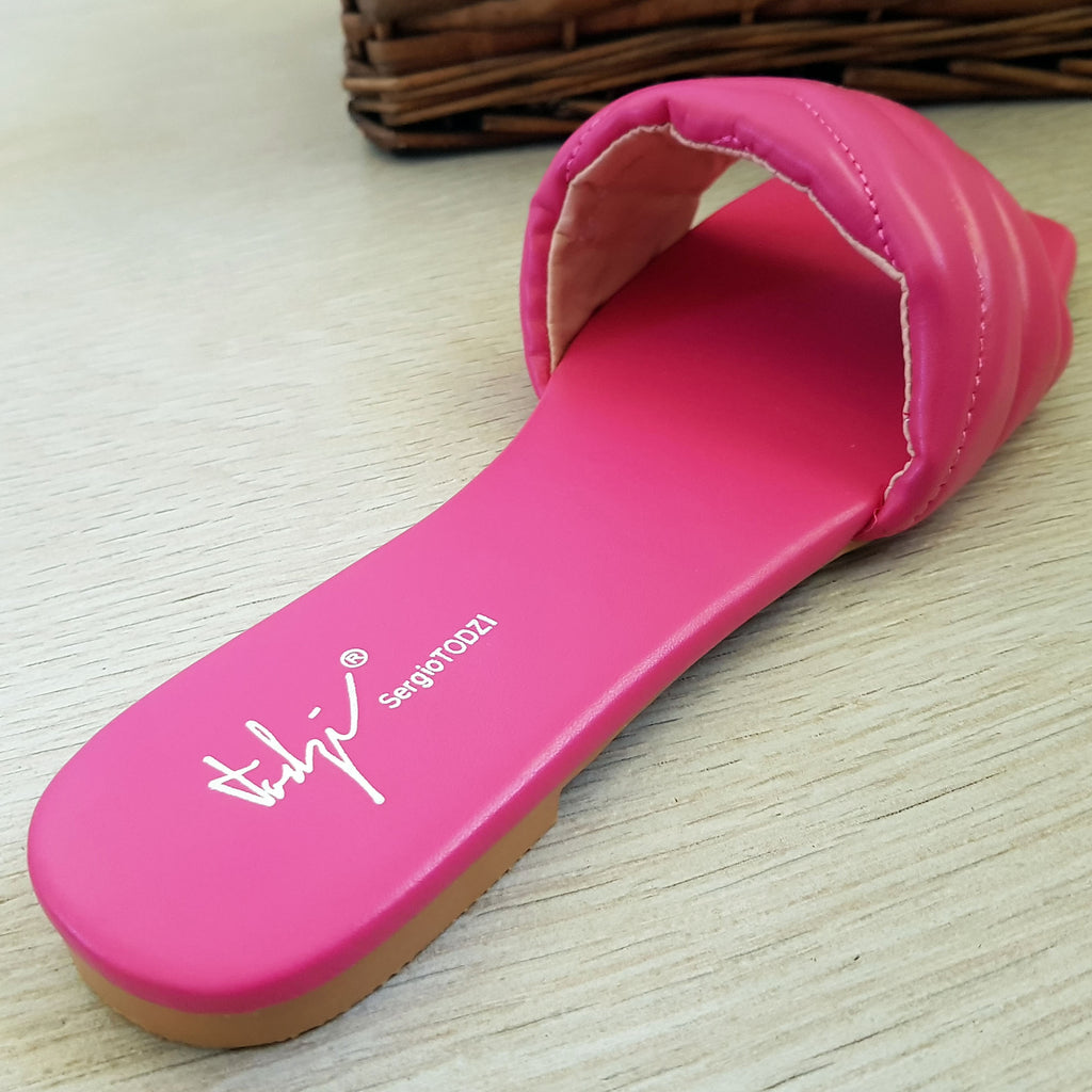 Tongs mules plates matelassé : fuchsia