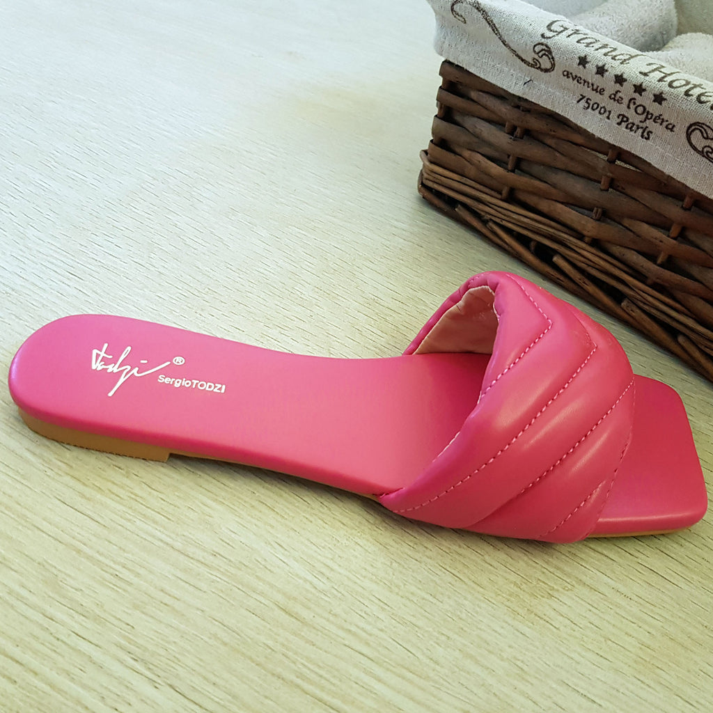 Tongs mules plates matelassé : fuchsia