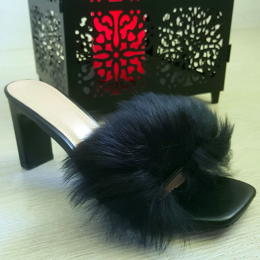 Mules plume petit talons rectangulaire : noir