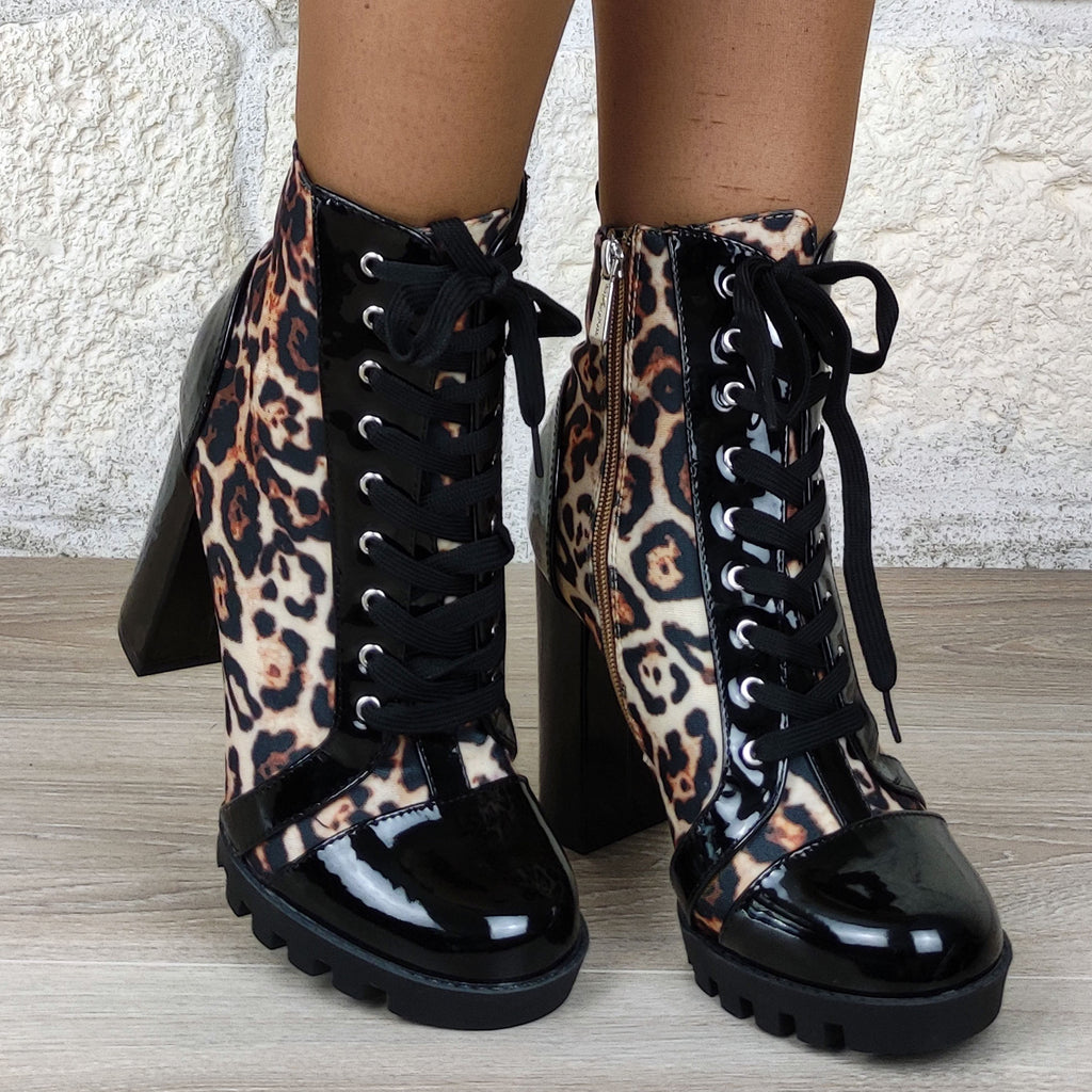 Bottines plateforme esprit leopard lacets  : marron / noir