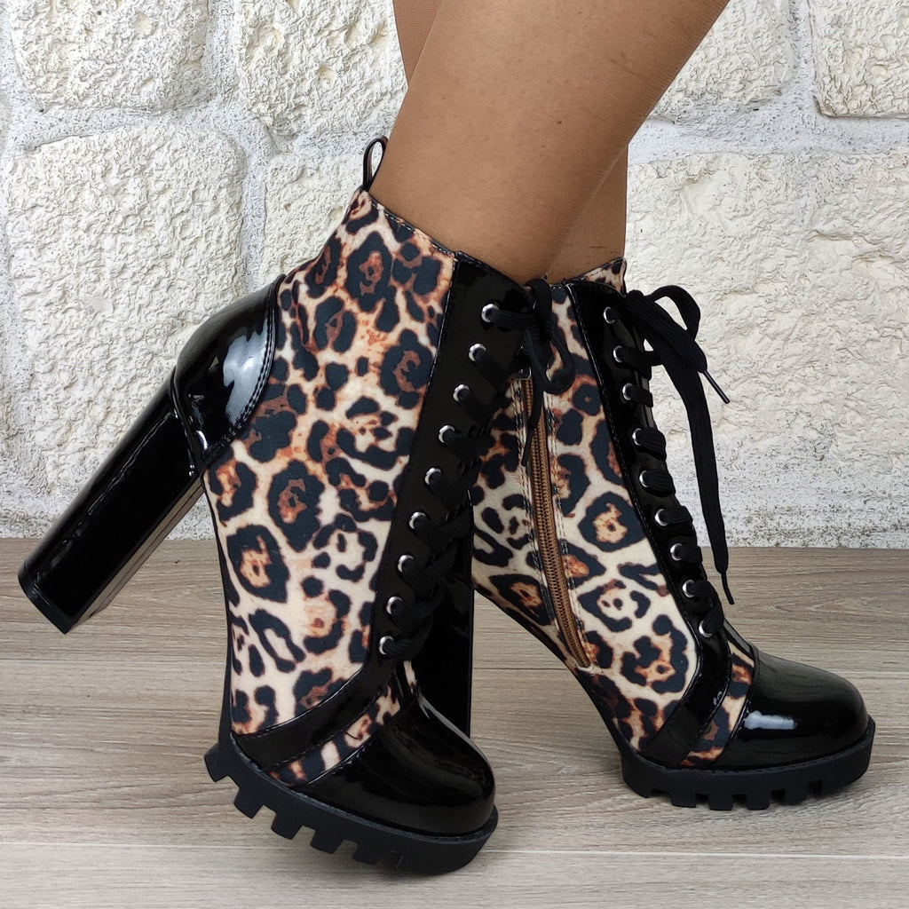 Bottines plateforme esprit leopard lacets  : marron / noir