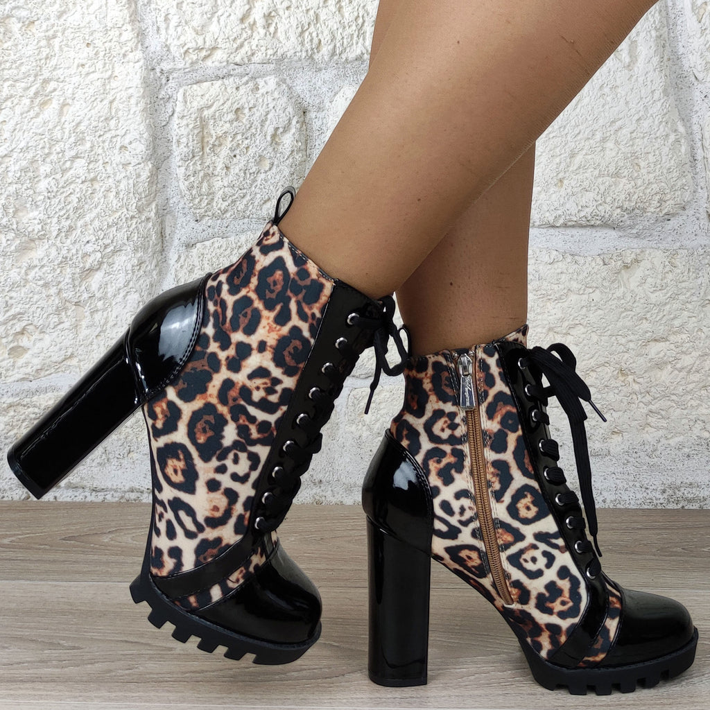 Bottines plateforme esprit leopard lacets  : marron / noir