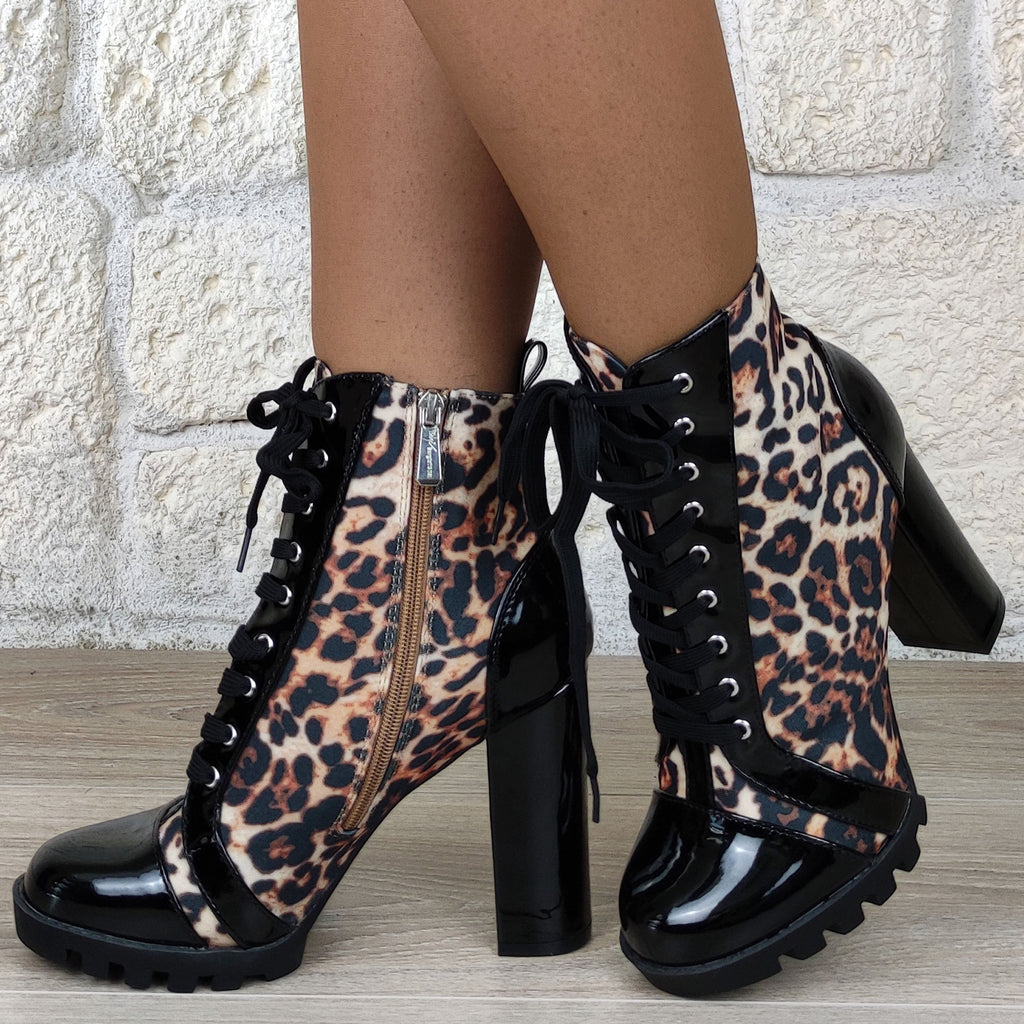 Bottines plateforme esprit leopard lacets  : marron / noir