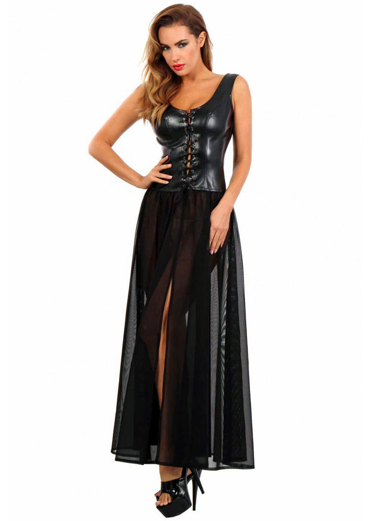 Robes longue en tulle corset similicuir  : noir