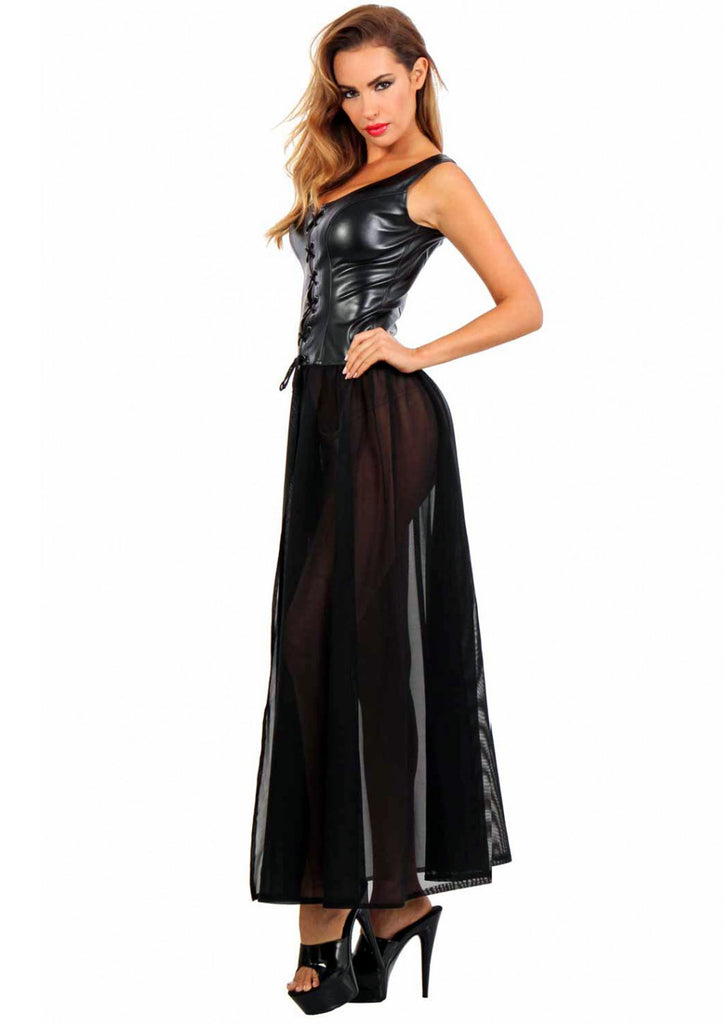 Robes longue en tulle corset similicuir  : noir