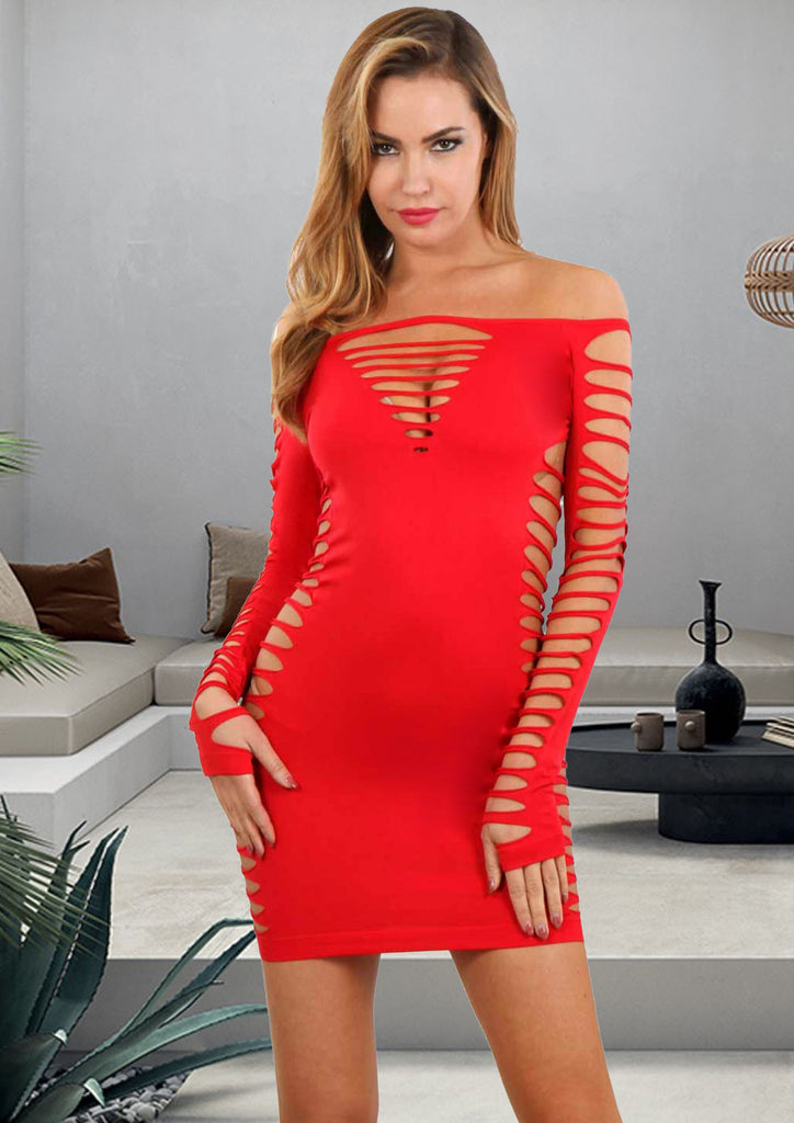 Robe moulante resille manches longues : rouge