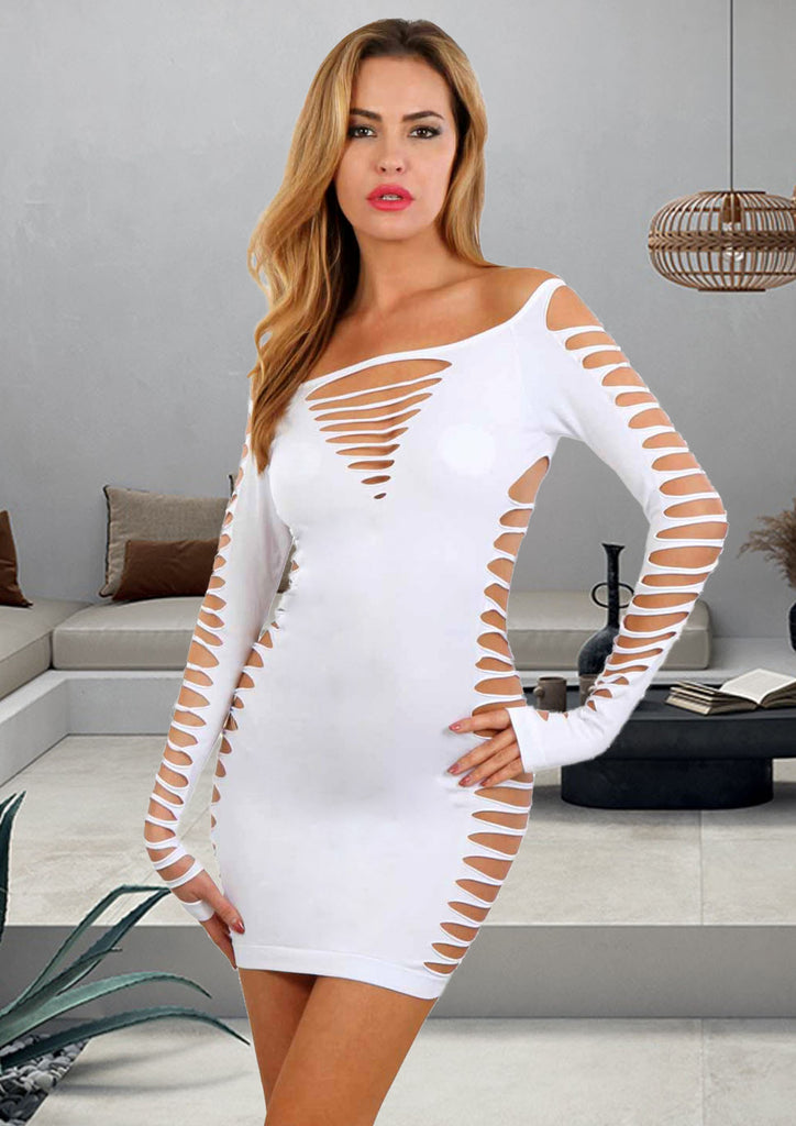 Robe moulante resille manches longues : blanc