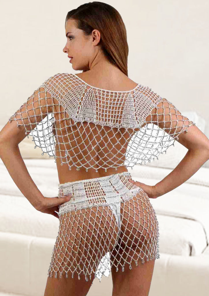 Ensemble filet top et jupe serti de strass ; blanc