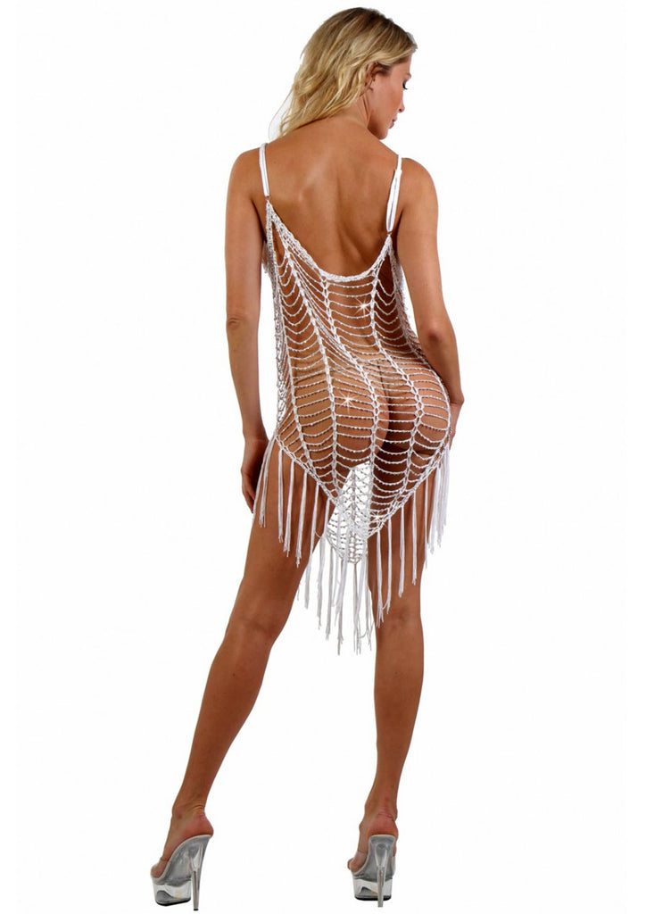 Robes filet en crochet perles franges : blanc