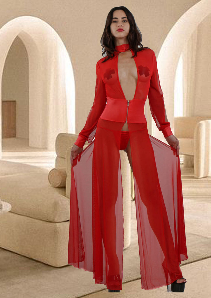 Robe longue fendue resille et surface laqué : rouge